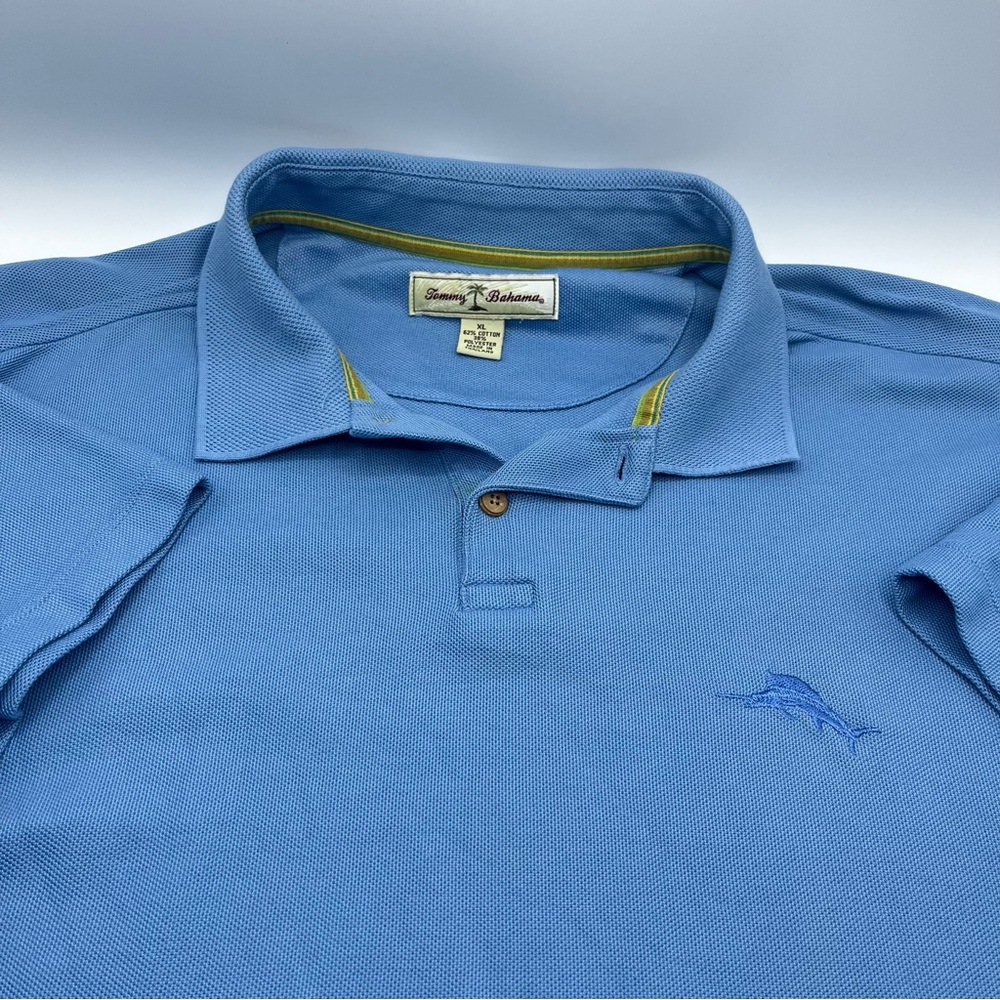 Tommy Bahama Polo Shirt Size XL Blue Polyester Cotton Blend Island Marlin Logo